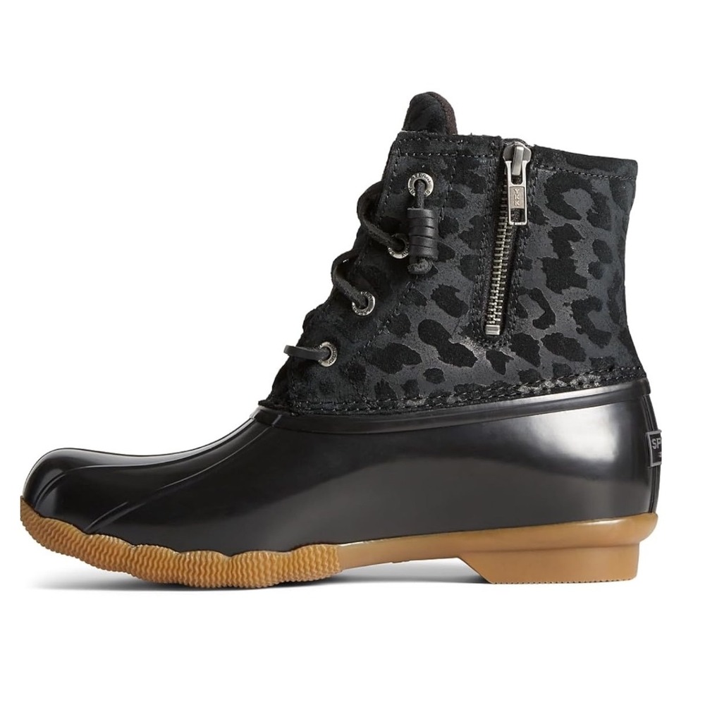 Sperry Saltwater Leopard Duck Boots Black Suede Rain Winter Size 5.5 Gorpcore
